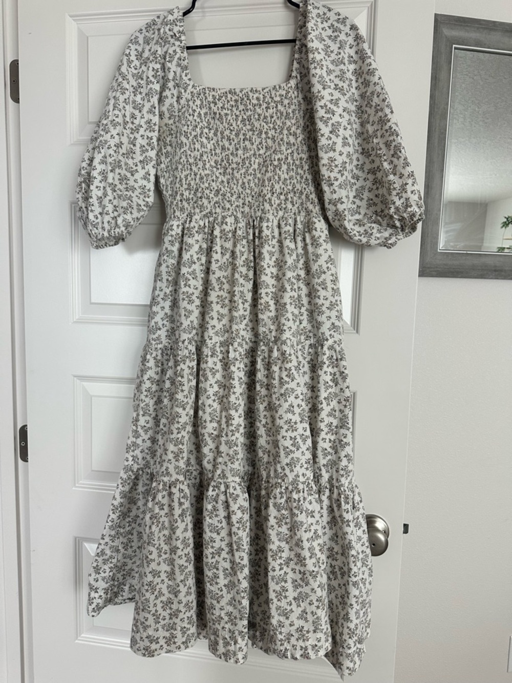 Floral Smocked Maxi Dress with Puff Sleeves in Ivory and Gray